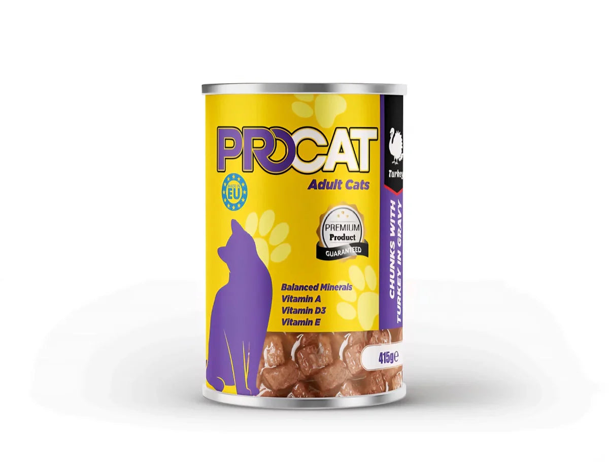 PROCAT Premium Wet Cat Food – Chunks with Turkey in Gravy for Adult Cats – 415g Can