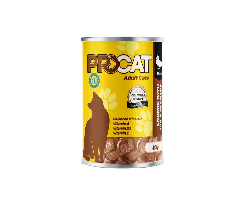 PROCAT Premium Wet Cat Food – Chunks with Duck in Gravy for Adult Cats – 415g Can