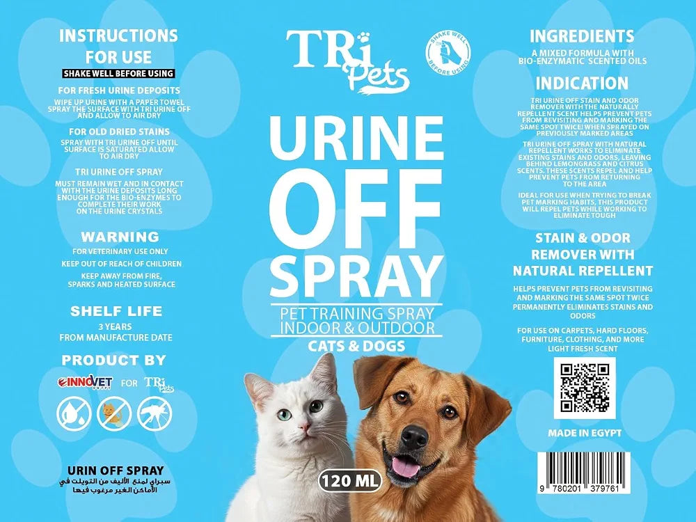 TRI Pets Urine Off Spray – Bio-Enzymatic Stain & Odor Remover for Dogs & Cats, Prevents Re-Marking, Safe for Home & Pets, Fresh Scent – 120ml