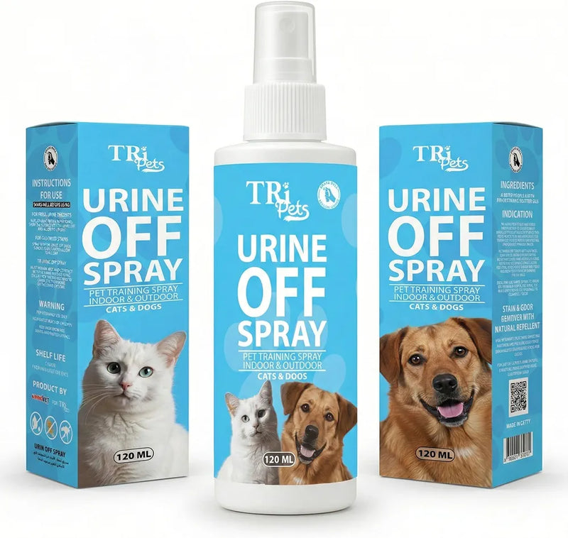 TRI Pets Urine Off Spray – Bio-Enzymatic Stain & Odor Remover for Dogs & Cats, Prevents Re-Marking, Safe for Home & Pets, Fresh Scent – 120ml