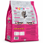 Migma Basic Adult Cat Dry Food 1 kg – back of bag with ingredients, analysis and feeding guide